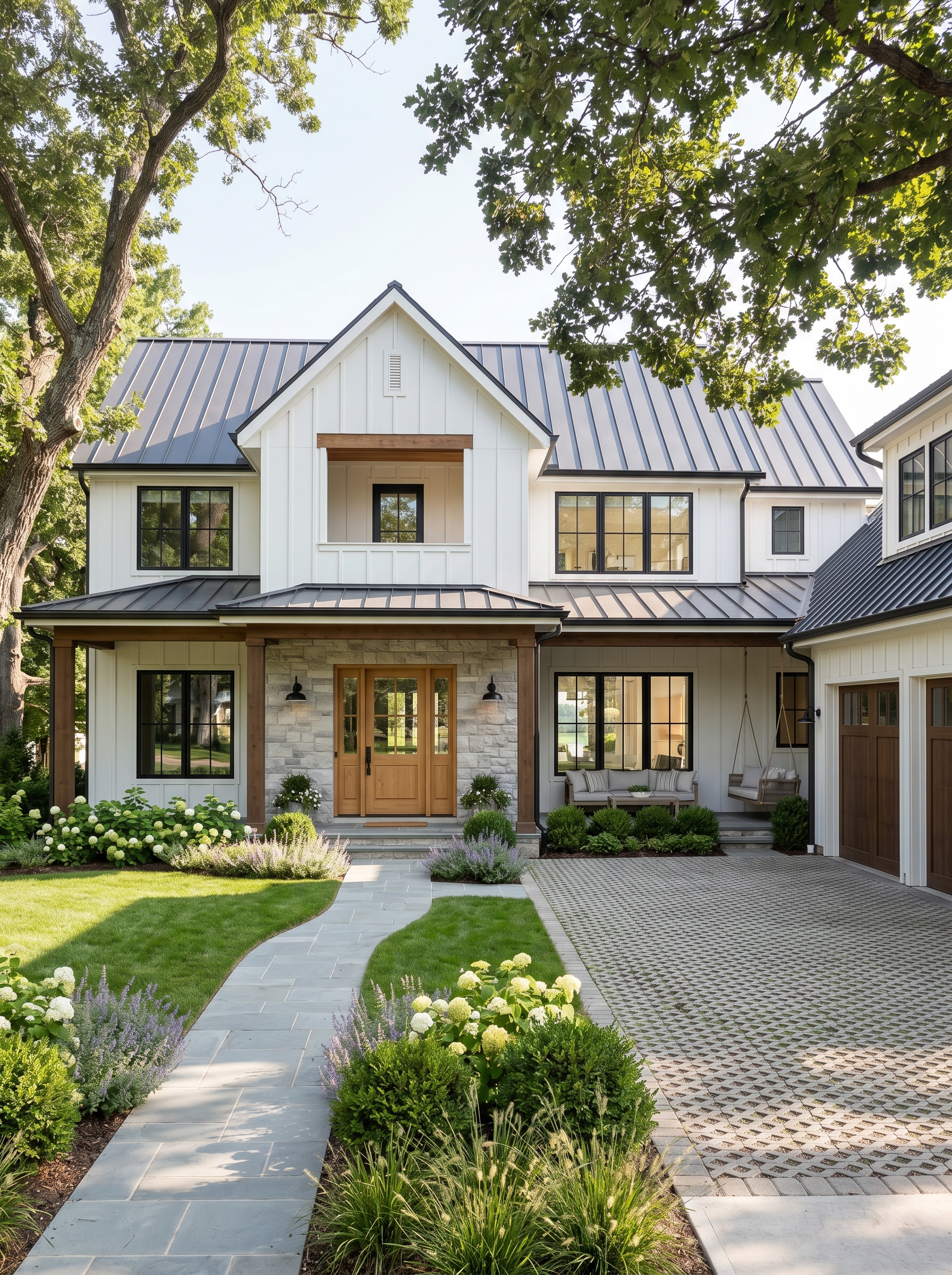 Rear exterior addition with vaulted screened porch, stone fireplace, and privacy landscaping